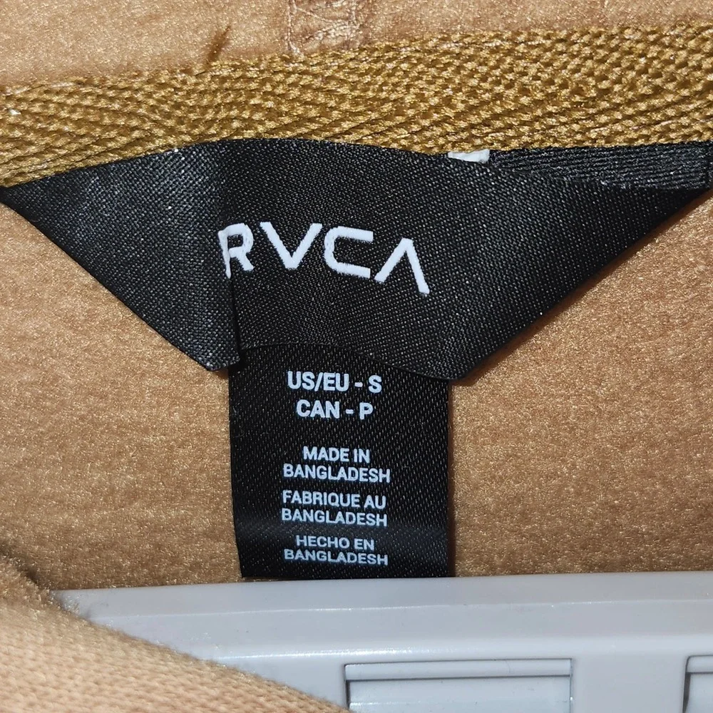 RVCA Wilson PULLOVER Hoodie Sweatshirt Tan‎ Brown Embroidered VA Logo Mens Small
